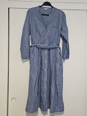 Blue and White Striped Maxi Shirt Dress with Tie Waist